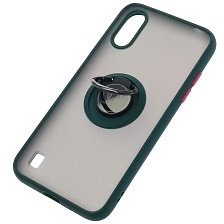 Чехол накладка для SAMSUNG Galaxy A01 (SM-A015F), силикон, пластик, кольцо держатель, цвет окантовки темно зеленый