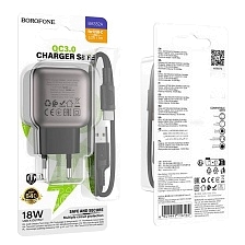 СЗУ (Сетевое зарядное устройство) BOROFONE BAS52A с кабелем USB Type C, 18W, 1 USB, QC3.0, длина 1 метр, цвет черно серебристый