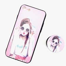 Чехол накладка для APPLE iPhone 7, 8, силикон, с поп сокетом, рисунок Девушка в круглых очках.