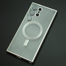 Чехол накладка FASHION CASE для SAMSUNG Galaxy S24 Ultra, с поддержкой MagSafe, силикон, защита камеры, прозрачный, цвет окантовки серебристый