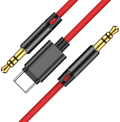 Переходник адаптер "Baseus" Type-C+3.5 to 3.5 AUX Audio Cable цвет красный/чёрный.