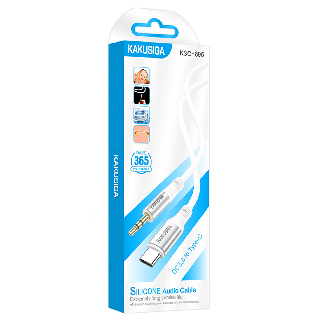 Аудио кабель, переходник KAKUSIGA KSC-895 AUX Jack 3.5 мм (папа) на USB Type C (папа), длина 1 метр, цвет бело серебристый