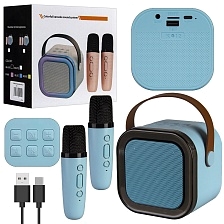 Колонка портативная, караоке микрофон K12, Bluetooth, TF card, USB, AUX, RGB подсветка, 2 микрофона, цвет голубой