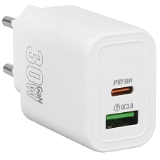 СЗУ (Сетевое зарядное устройство) HOCO N63, 30W, 1 USB Type C, 1 USB, QC3.0, цвет белый