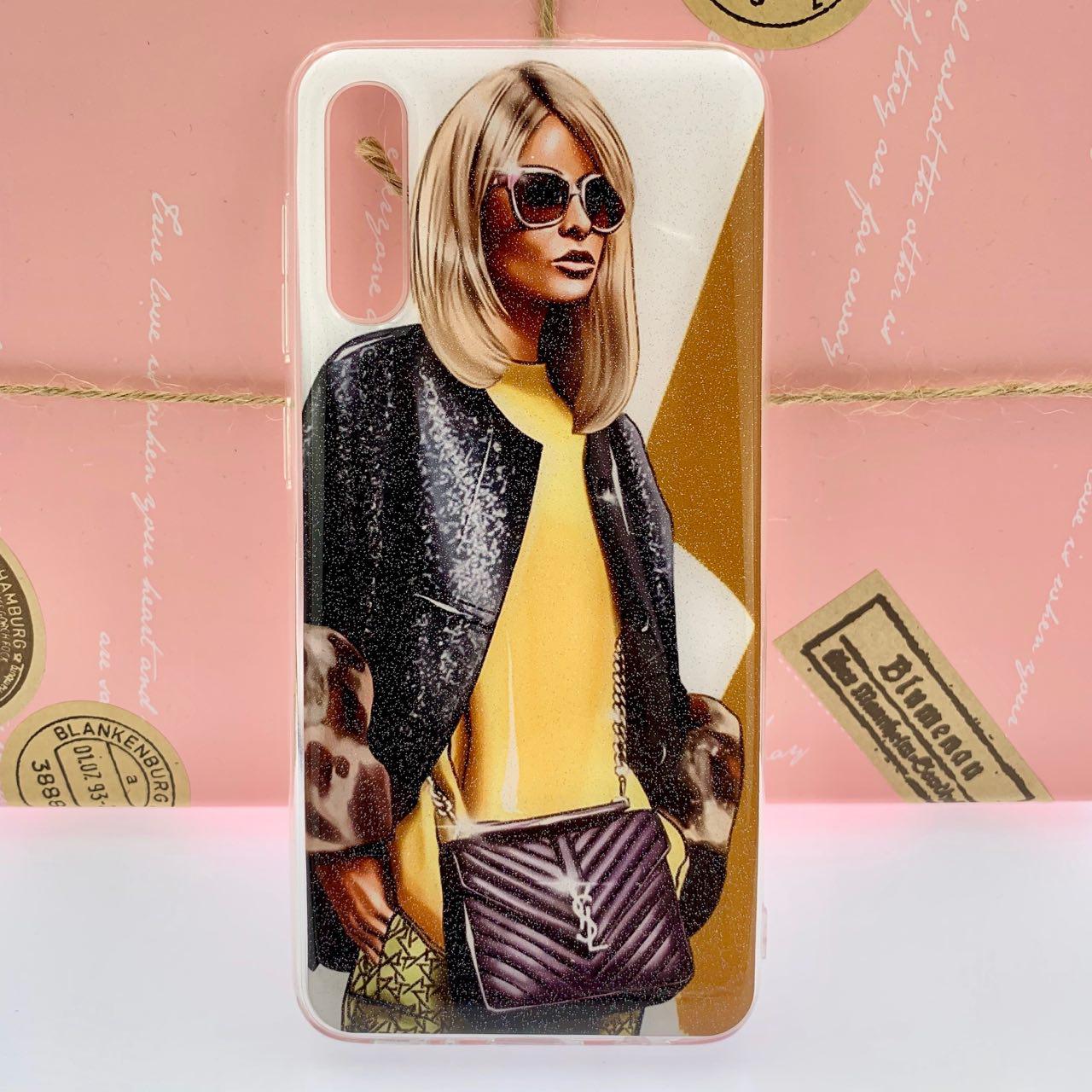 Чехол накладка для SAMSUNG Galaxy A50 (SM-A505), A30s (SM-A307), A50s (SM-A507), силикон, глянец, рисунок Девушка в тёмных очках и сумкой.