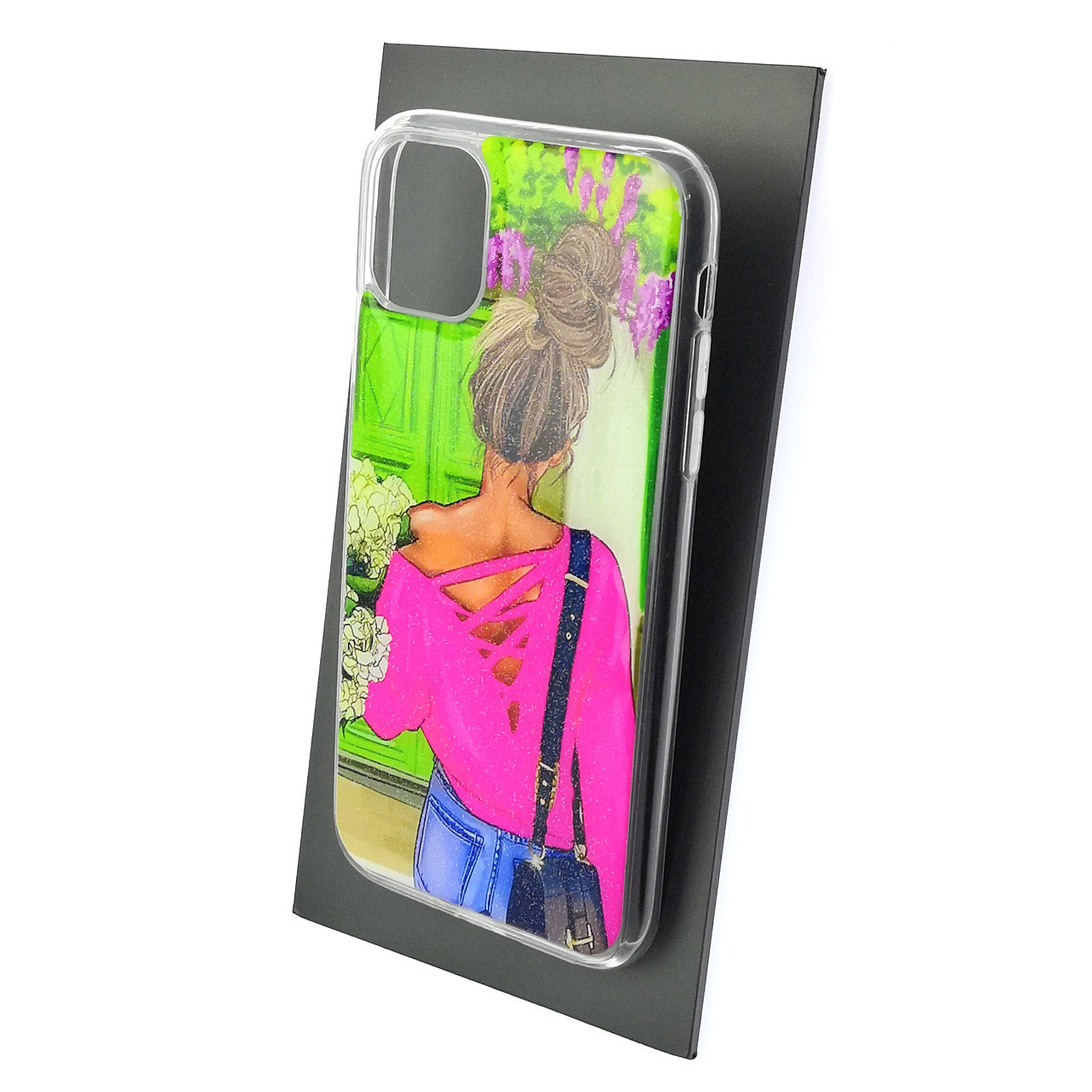 Чехол накладка для APPLE iPhone 11, силикон, глянцевый, блестки, рисунок Девушка цветы букет Чехол накладка для APPLE iPhone 11, силикон, глянцевый, блестки, рисунок Девушка цветы букет