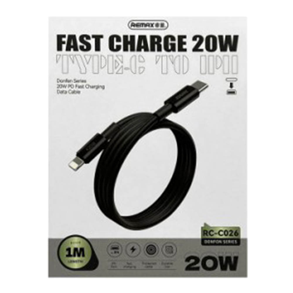 Кабель REMAX RC-C026 USB Type C на Lightning 8 pin, 20W, длина 1 метр, цвет черный