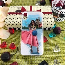 Чехол накладка для APPLE iPhone X, XS, силикон, рисунок девушка с синей сумкой.