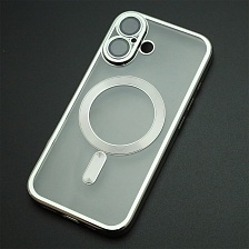 Чехол накладка FASHION CASE для APPLE iPhone 16, с поддержкой MagSafe, силикон, защита камеры, прозрачный, цвет окантовки серебристый