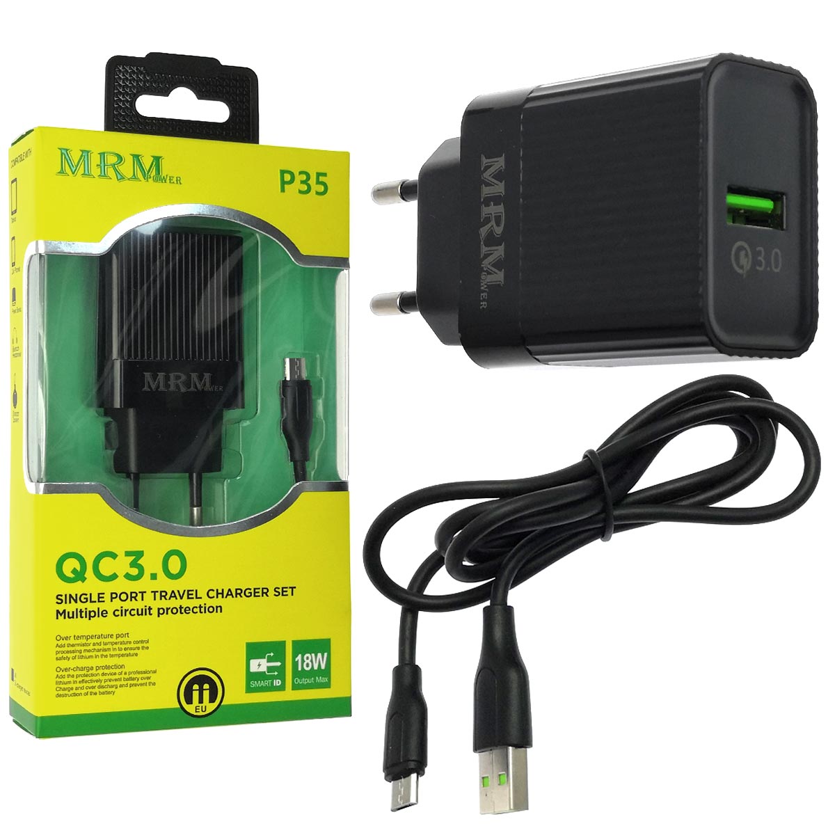 СЗУ (Сетевое зарядное устройство) MRM P35, с кабелем Micro USB ,1 USB порт, QC 3.0, длина 1 метр, цвет черный