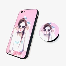 Чехол накладка для APPLE iPhone 5, 5S, SE, силикон с поп сокетом, рисунок Девушка в круглых очках.