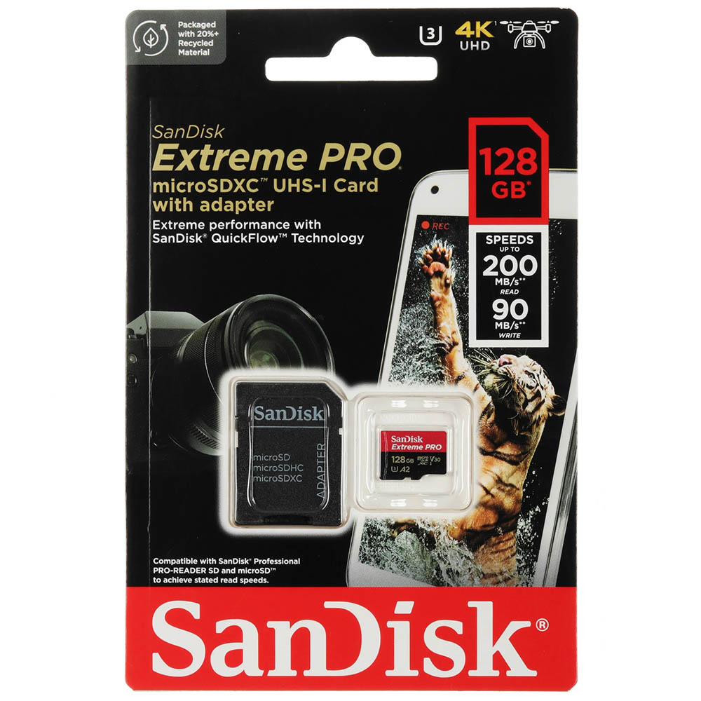 Карта памяти MicroSDXC 128GB SANDISK Extreme Pro Class 10 A2 UHS-I (U3) V30, 200 МБ/сек, цвет черно красный