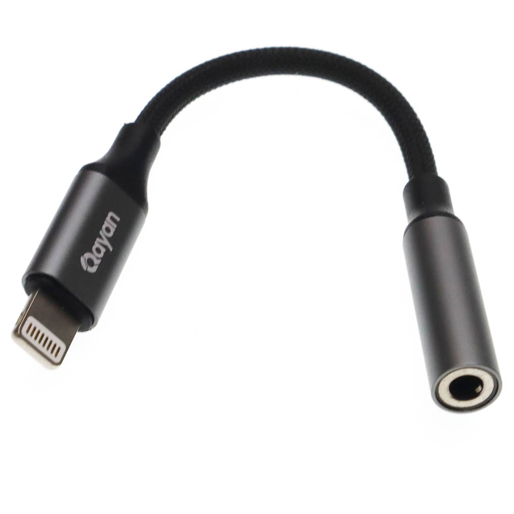 Аудио кабель, переходник QAYAN QAC-198 Lightning 8 pin (папа) на AUX (Jack 3.5 мм) (мама), нейлон, длина 12 см, цвет черный