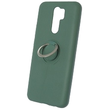 Чехол накладка RING для XIAOMI Redmi 9, силикон, кольцо держатель, цвет темно зеленый