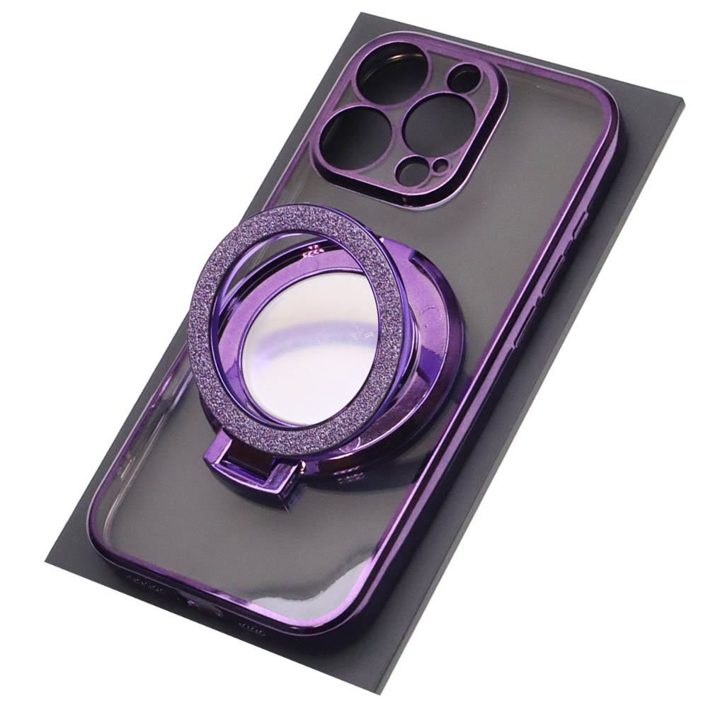 Чехол накладка для APPLE iPhone 16 Pro, силикон, защита камеры, кольцо держатель, прозрачный, цвет окантовки фиолетовый