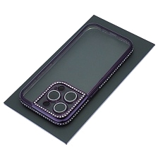 Чехол накладка для APPLE iPhone 15 Pro, силикон, защита камеры, стразы, цвет окантовки фиолетовый Чехол накладка для APPLE iPhone 15 Pro, силикон, защита камеры, стразы, цвет окантовки фиолетовый