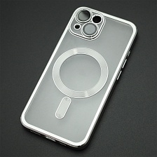 Чехол накладка FASHION CASE для APPLE iPhone 15, с поддержкой MagSafe, силикон, защита камеры, прозрачный, цвет окантовки серебристый