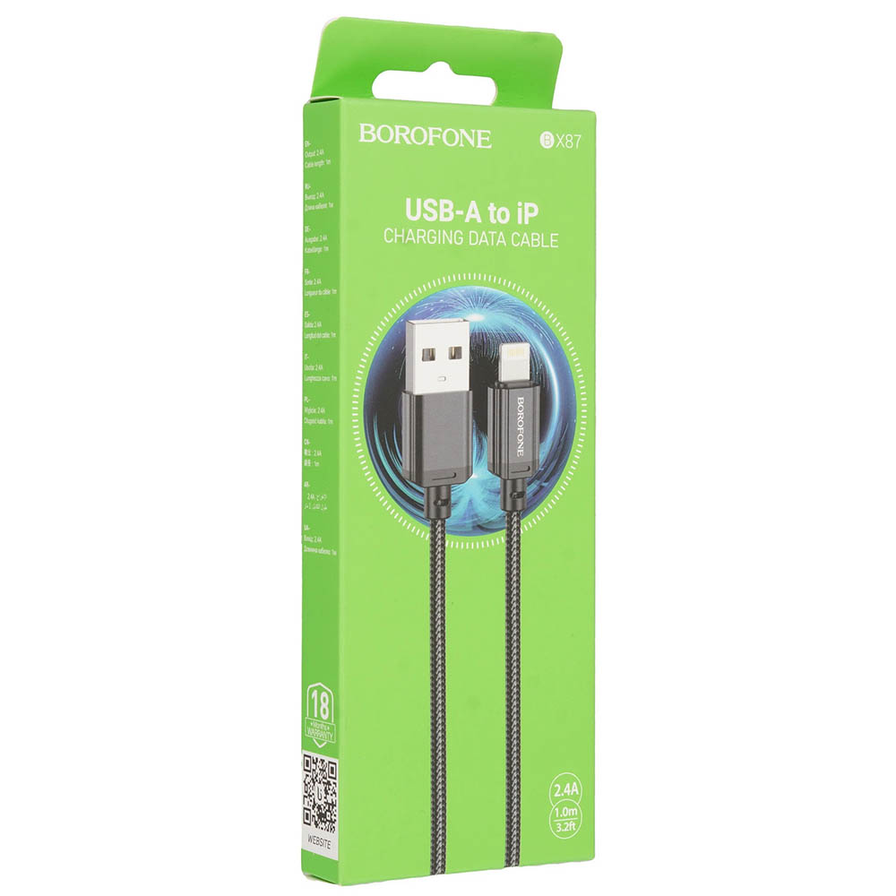 Кабель BOROFONE BX87 Sharp USB Lightning 8 pin, 2.4A, длина 1 метр, тканевая оплетка, цвет черный