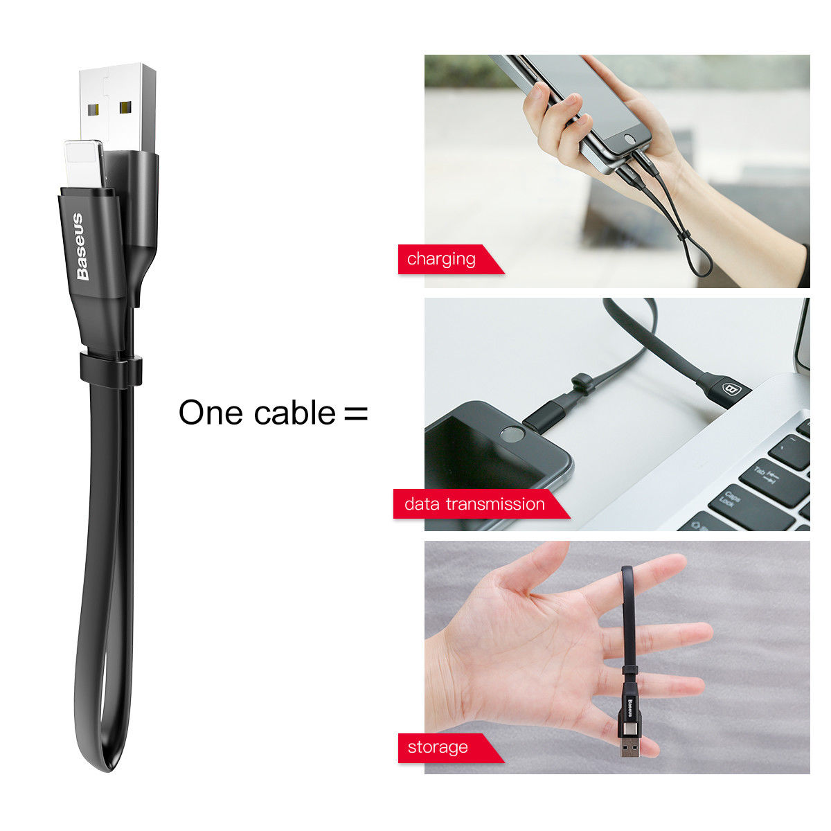 Baseus CALMBJ-B01 USB Дата-кабель два в одном Portable Cable (Android/iOS) 15 см, цвет чёрный.