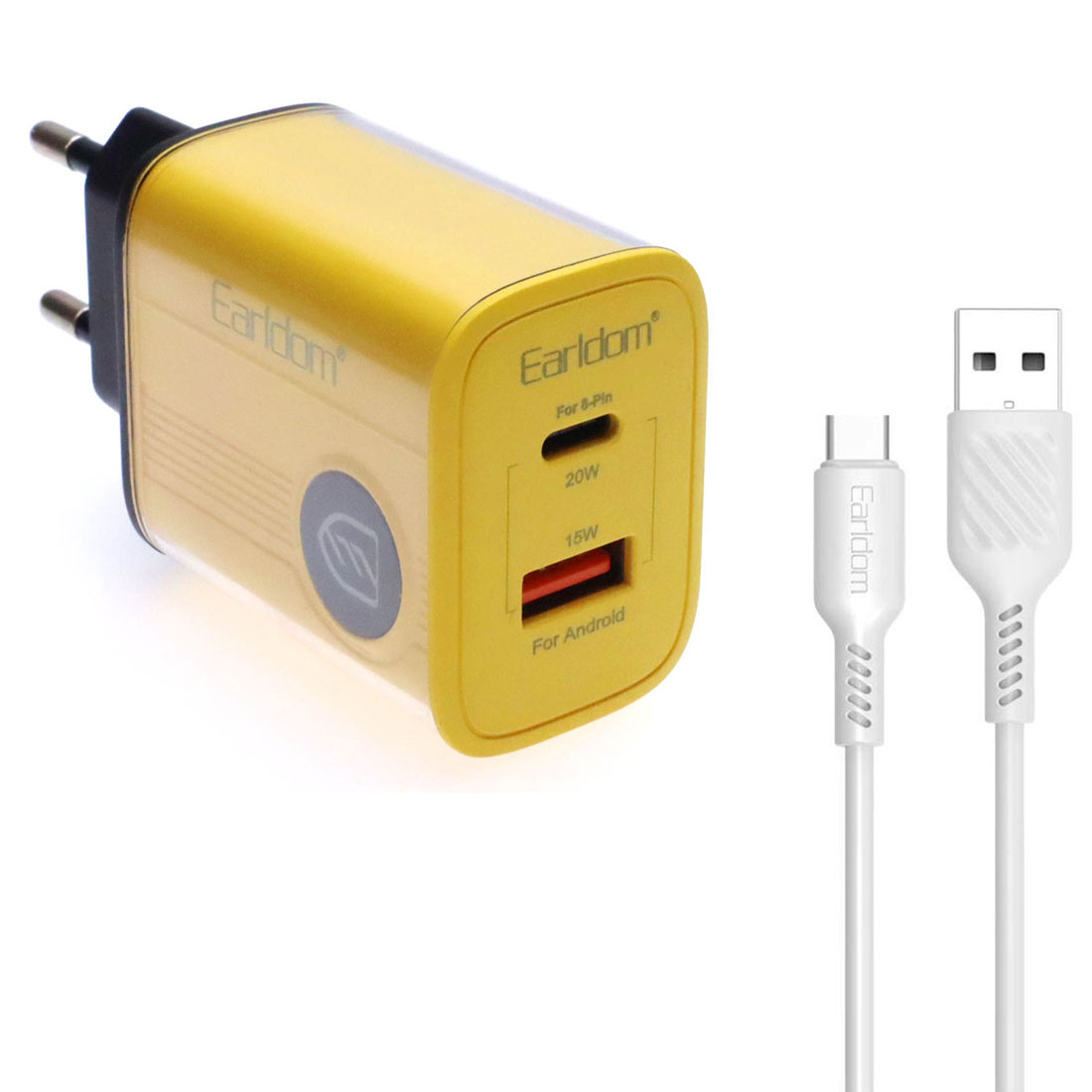 СЗУ (Сетевое зарядное устройство) EARLDOM ES-EU40C с кабелем USB Type C, PD20W, QC3.0 15W, 1 USB, 1 USB Type C, длина 1 метр, цвет черно желтый