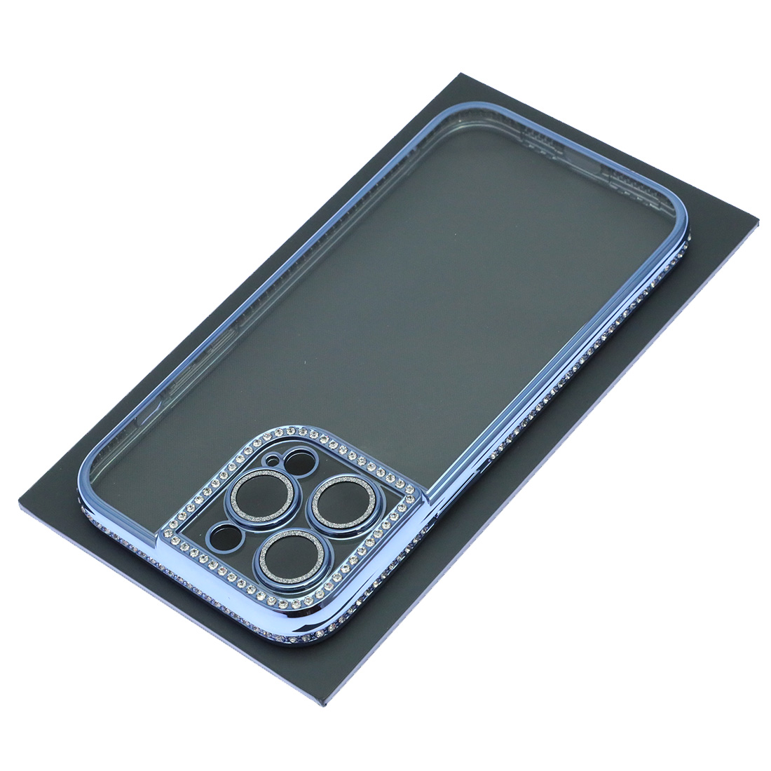 Чехол накладка для APPLE iPhone 14 Pro Max, силикон, защита камеры, стразы, цвет окантовки голубой Чехол накладка для APPLE iPhone 14 Pro Max, силикон, защита камеры, стразы, цвет окантовки голубой