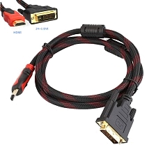 Кабель HDMI - DVI-D, длина 1.5 метра, в нейлоновой армированной оплетке, цвет черно-красный