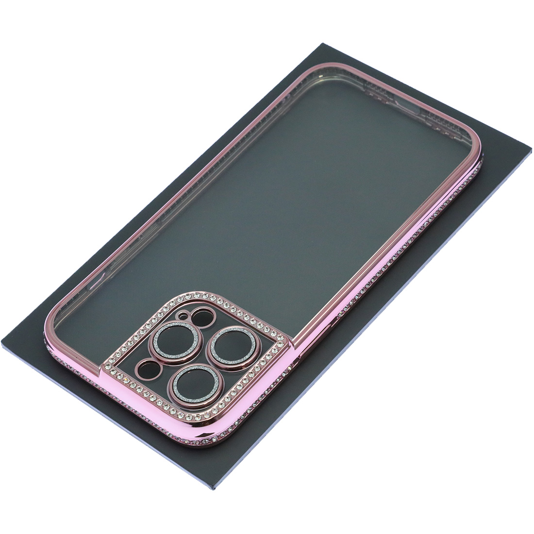 Чехол накладка для APPLE iPhone 14 Pro Max, силикон, защита камеры, стразы, цвет окантовки розовое золото