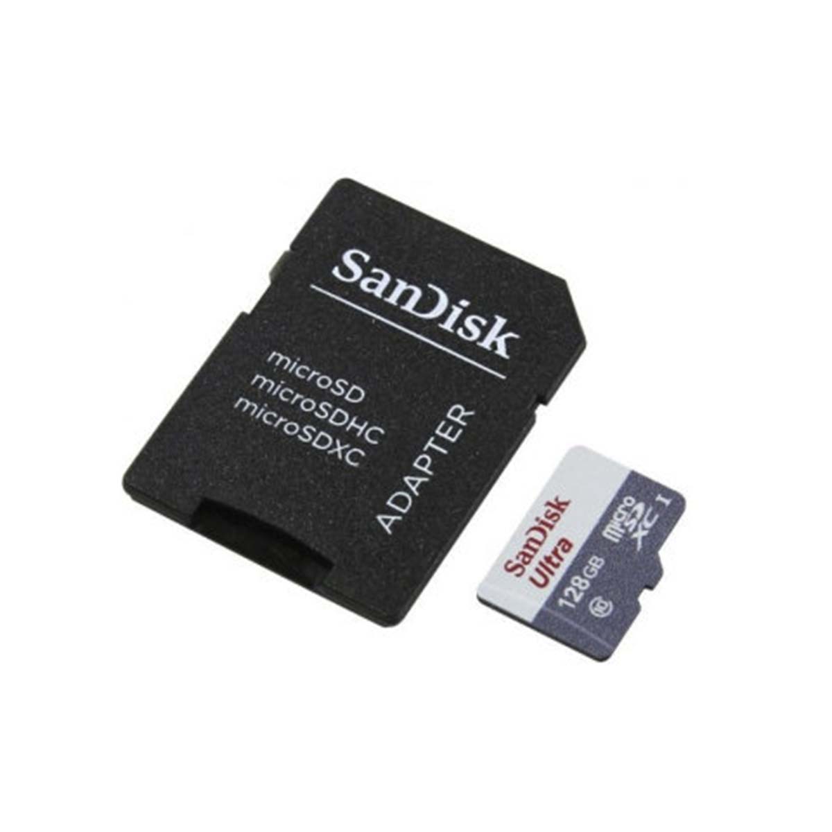 Карта памяти MicroSDXC 128GB SANDISK Class 10 Ultra, UHS-I, 100 Mb/s, SD адаптер, цвет черно серый
