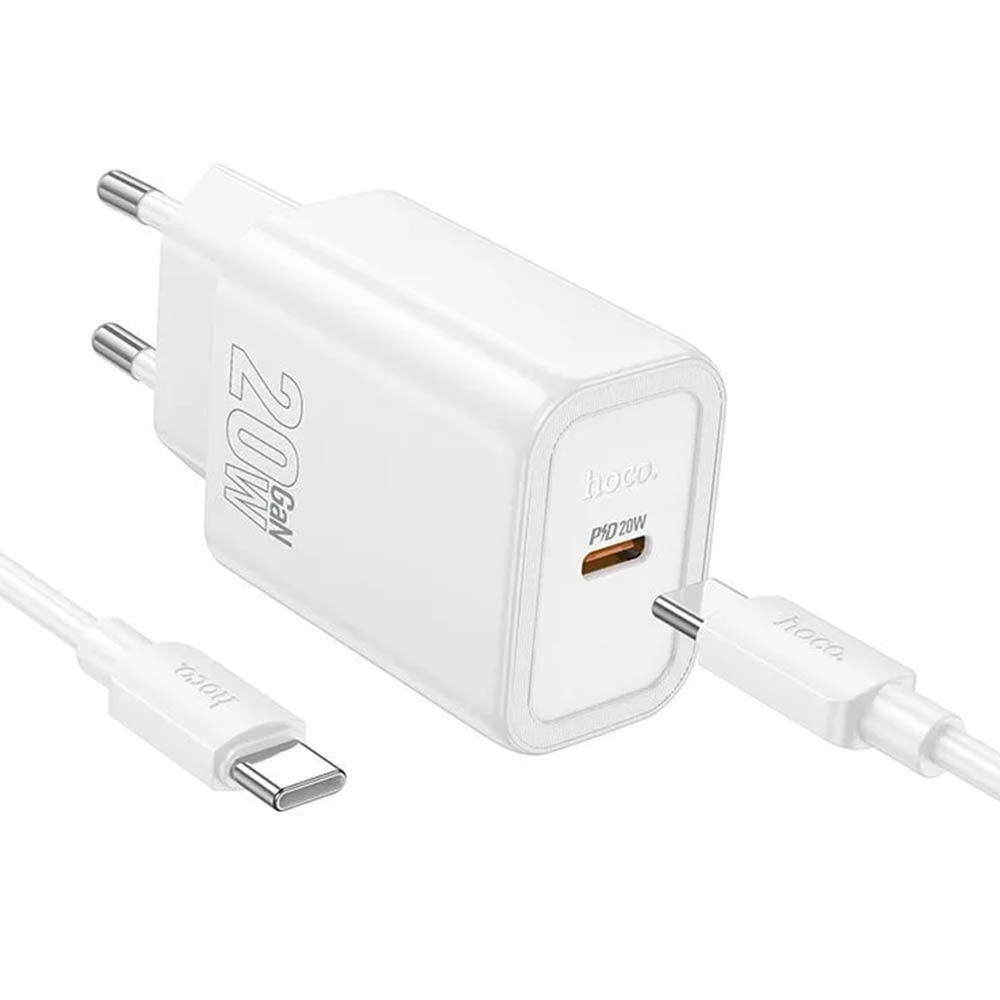 СЗУ (Сетевое зарядное устройство) HOCO N60 Type-C PD20W, с кабелем Type-C на Type-C, цвет белый