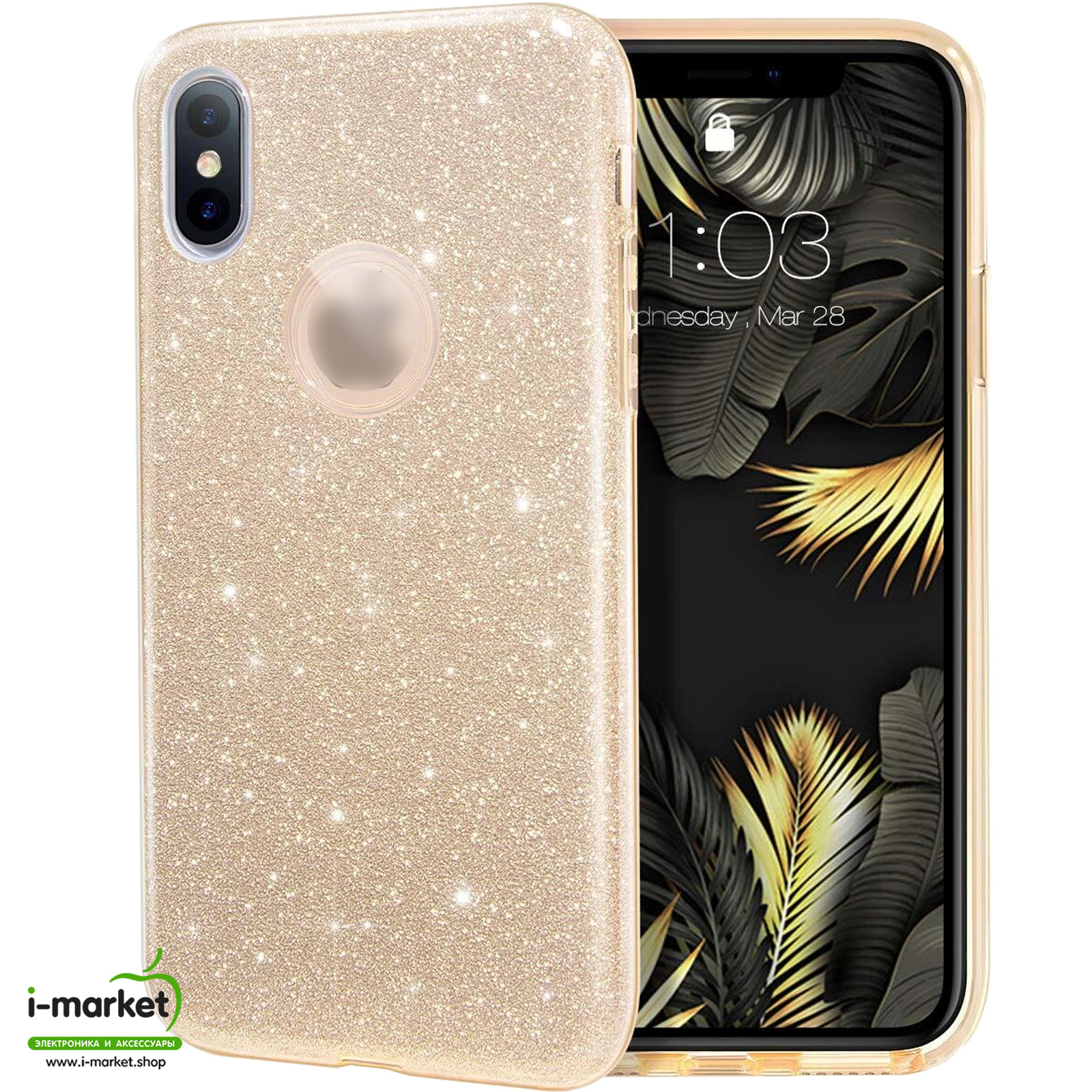 Чехол накладка Shine для APPLE iPhone XS MAX, силикон, блестки, цвет золотистый