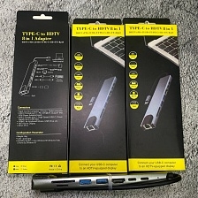 Разветвитель 8 в 1, хаб на 2 порта Type-C, 2 порта USB 3.0, 1 порт HDMI 4K, картридер SD/TF, 1 гигабитный порт LAN RJ-45, адаптер OTG с кабелем 0,15 см Type-C, цвет серебристый