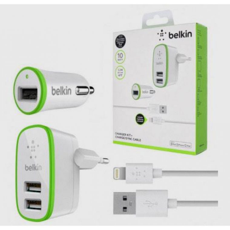 Сетевое зарядное устройство 3in1 Belkin, АП сет. 2.1А/2USB, АП авто 2.1А/1USB, кабель белый.