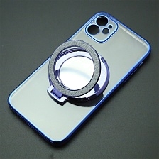 Чехол накладка для APPLE iPhone 11, силикон, защита камеры, кольцо держатель, прозрачный, цвет окантовки синий