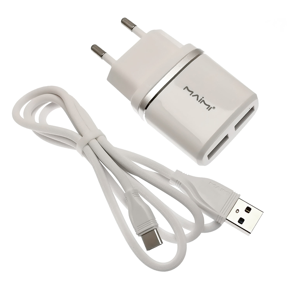 MAIMI T8 2 в 1 СЗУ (сетевое зарядное устройство) на 2 USB порт 5V-2.4A + кабель Type-C длиной 1 метр, цвет белый.