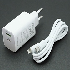 СЗУ (Сетевое зарядное устройство) BOROFONE BA108A Stellar с кабелем USB Type C на Lightning 8 pin, 30W, 1 USB A, 1 USB Type C, PD30W, QC3.0, длина 1 метр, цвет белый
