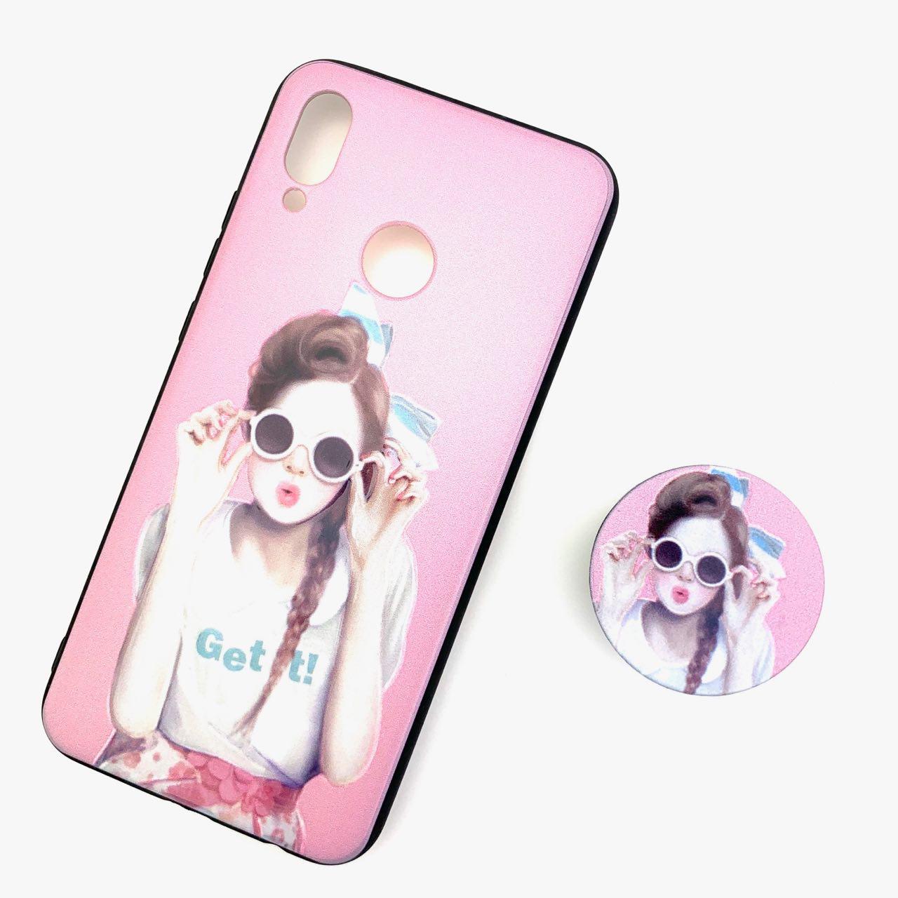 Чехол накладка для HUAWEI P20 Lite, Nova 3E, силикон, с поп сокетом, рисунок Девушка в круглых очках.