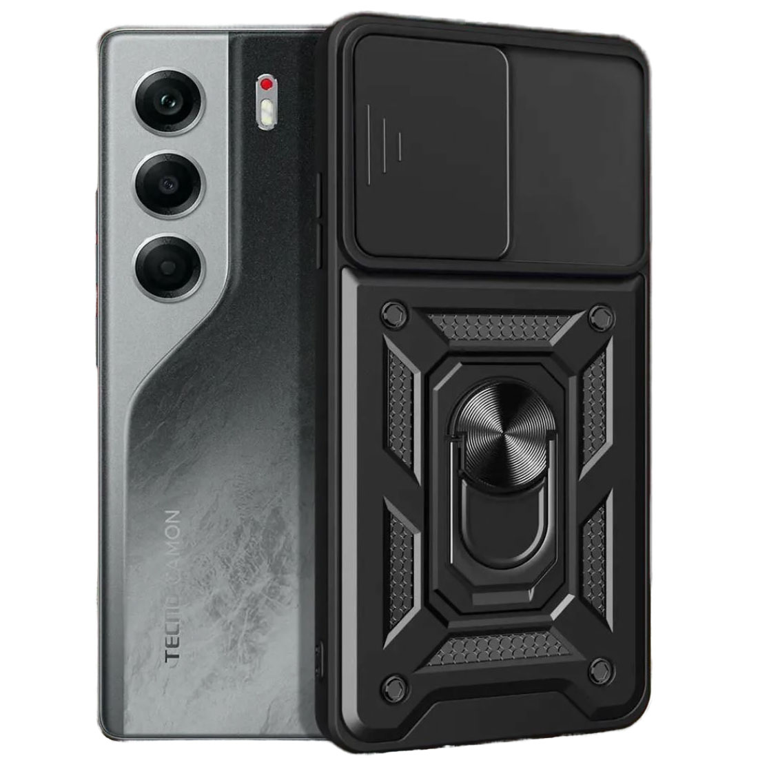 Чехол накладка для TECNO Camon 40 4G, противоударный, шторка для защиты камеры, подставка, цвет черный