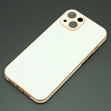 Чехол накладка для APPLE iPhone 13, силикон, стекло, защита камеры, цвет бело золотистый