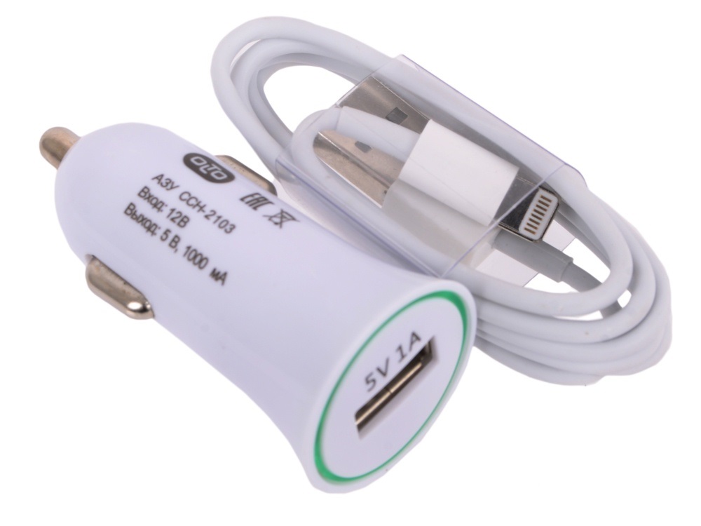Автомобильное зарядное устройство OLTO 1A с кабелем Lightning USB, цвет белый, CCH-2105.