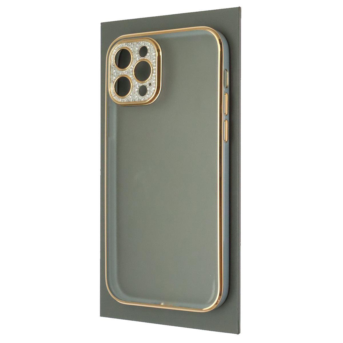 Чехол накладка для APPLE iPhone 12 Pro (6.1"), силикон, пластик, стразы, защита камеры, цвет окантовки золотисто голубой Чехол накладка для APPLE iPhone 12 Pro (6.1"), силикон, пластик, стразы, защита камеры, цвет окантовки золотисто голубой