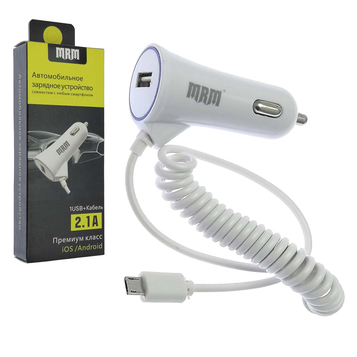 АЗУ (автомобильное зарядное устройство) MRM MR-87, 5V-1A, порт USB, с витым кабелем Micro-USB, цвет белый