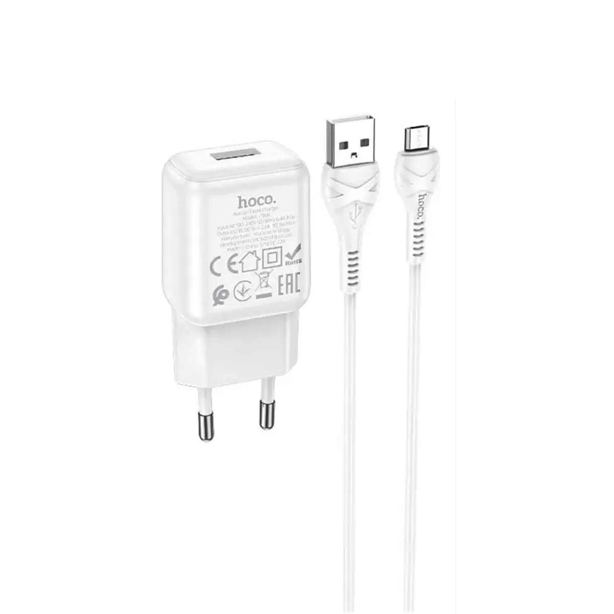 СЗУ (сетевое зарядное устройство) HOCO C96A, адаптер 1 USB 5V-2.1A, кабель micro USB, цвет белый