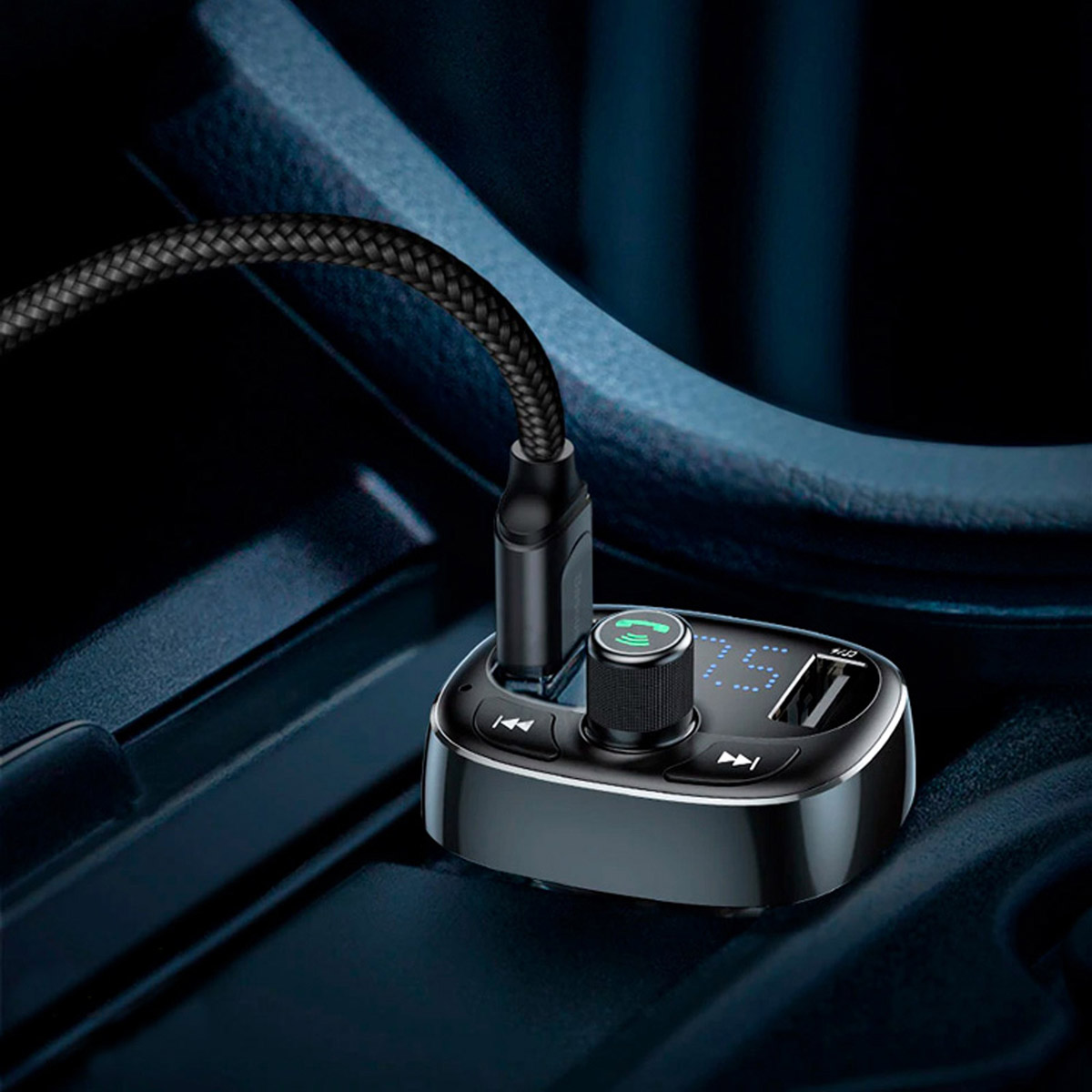 Автомобильное зарядное устройство с FM-трансмиттером 2 x USB, Baseus T typed Bluetooth MP3, цвет черный