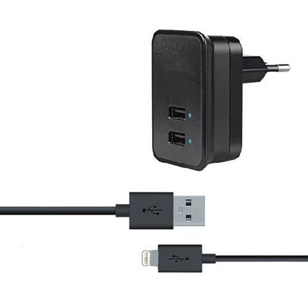 СЗУ "budi" 2,1A (M8J053E-BLK) с двумя USB выходами + кабель Apple 8 pin (черный).