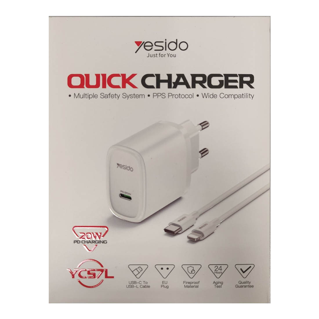 СЗУ (Сетевое зарядное устройство) YESIDO YC57L с кабелем USB Type C на Lightning 8 pin, PD20W, 1 USB Type C, длина 1 метр, цвет белый