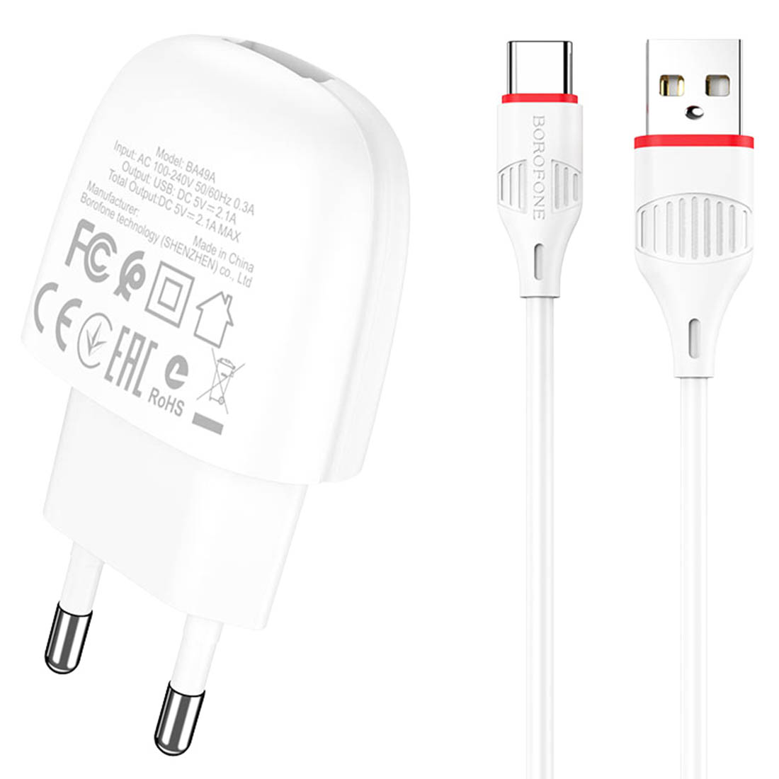 СЗУ (Сетевое зарядное устройство) BOROFONE BA49A Vast Power с кабелем Micro USB, 2.1A, 1 USB, длина 1 метр, цвет белый