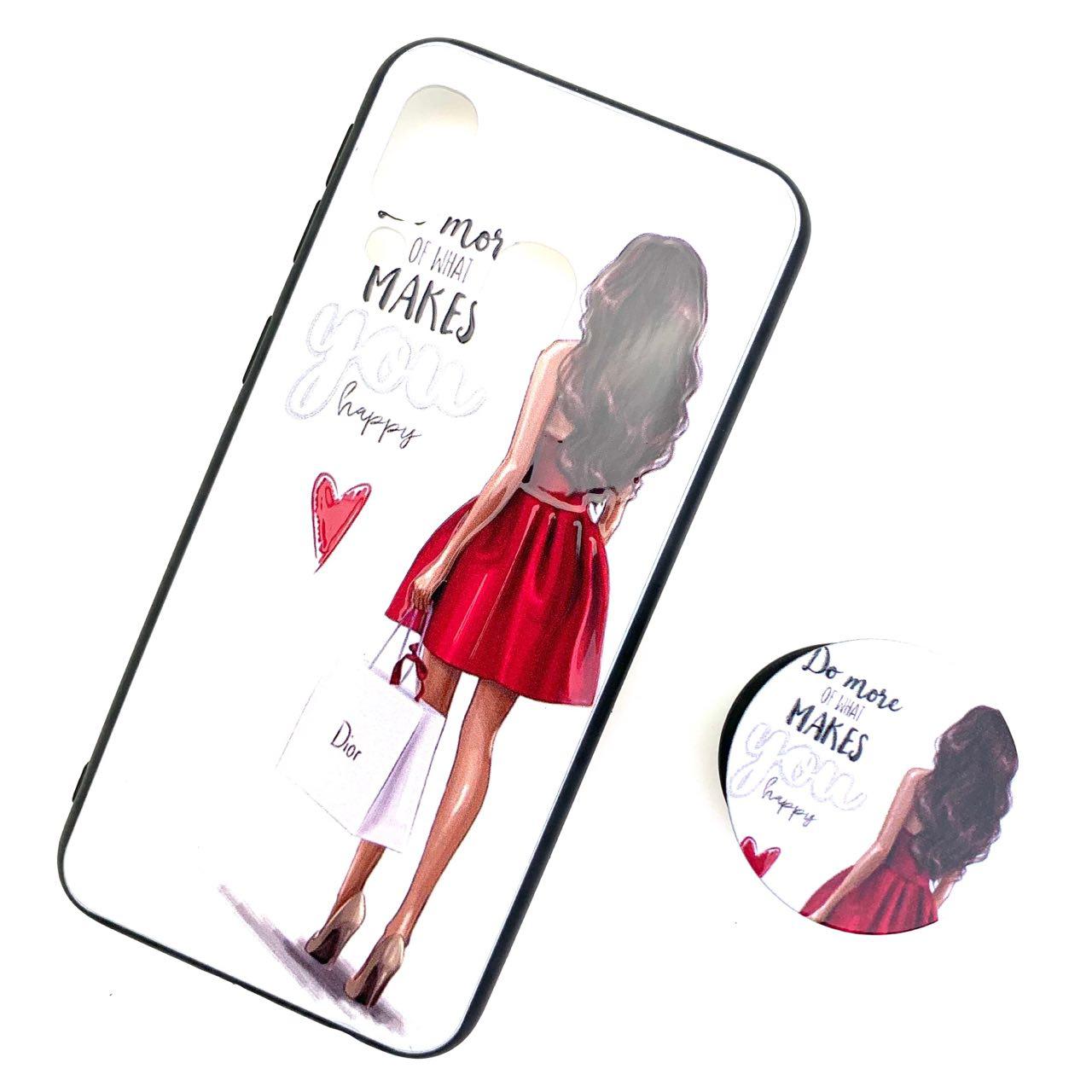 Чехол накладка для SAMSUNG Galaxy A40 (SM-A405), силикон, с поп сокетом, рисунок Девушка в красном платье.