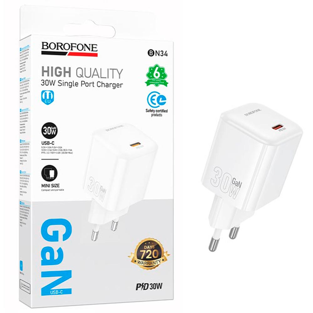 СЗУ (Сетевое зарядное устройство) BOROFONE BN34 GaN, 30W, 1 USB Type C, PD30W, цвет белый