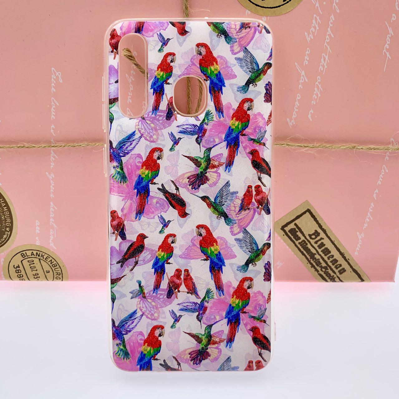 Чехол накладка для SAMSUNG Galaxy A30 (SM-A305), силикон, глянец, рисунок Попугайчики.