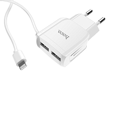 HOCO C59 & C59A Mega joy зарядный адаптер с двумя USB и встроенным кабелем для APPLE Lightning 8-pin, цвет белый.